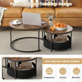 Giantex Round Coffee Table Set of 2, 80cm & 60cm Circle Cocktail Table with Fabric Storage Basket & Metal Frame