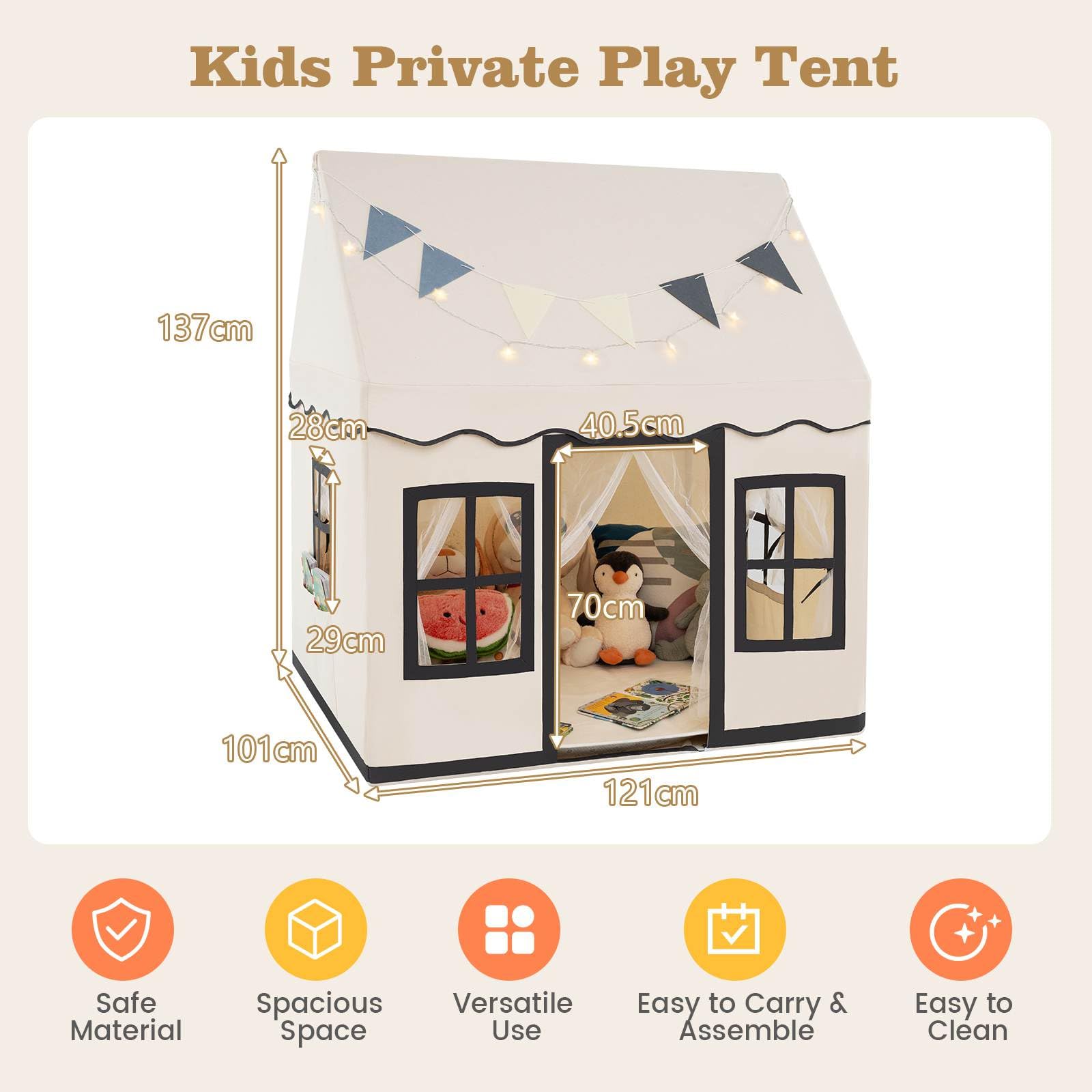 Kids Play Tent, Large Playhouse w/Star String Lights & Flag Banner, Washable Anti-Slip Coral Velvet Mat