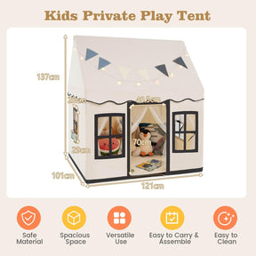 Kids Play Tent, Large Playhouse w/Star String Lights & Flag Banner, Washable Anti-Slip Coral Velvet Mat