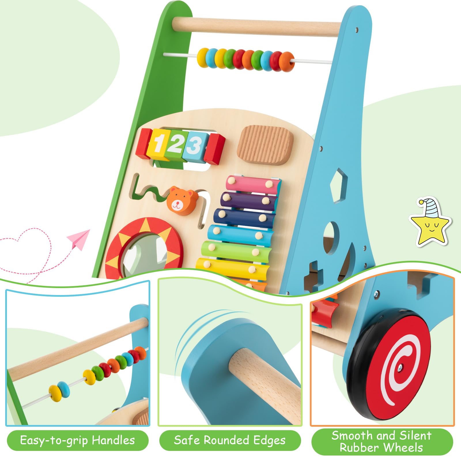 BABY JOY Wooden Baby Walker, Push and Pull Sit-to-Stand Learning Walker Activity Center(Colorful)