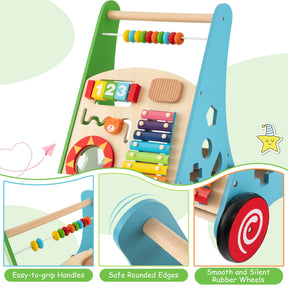 BABY JOY Wooden Baby Walker, Push and Pull Sit-to-Stand Learning Walker Activity Center(Colorful)