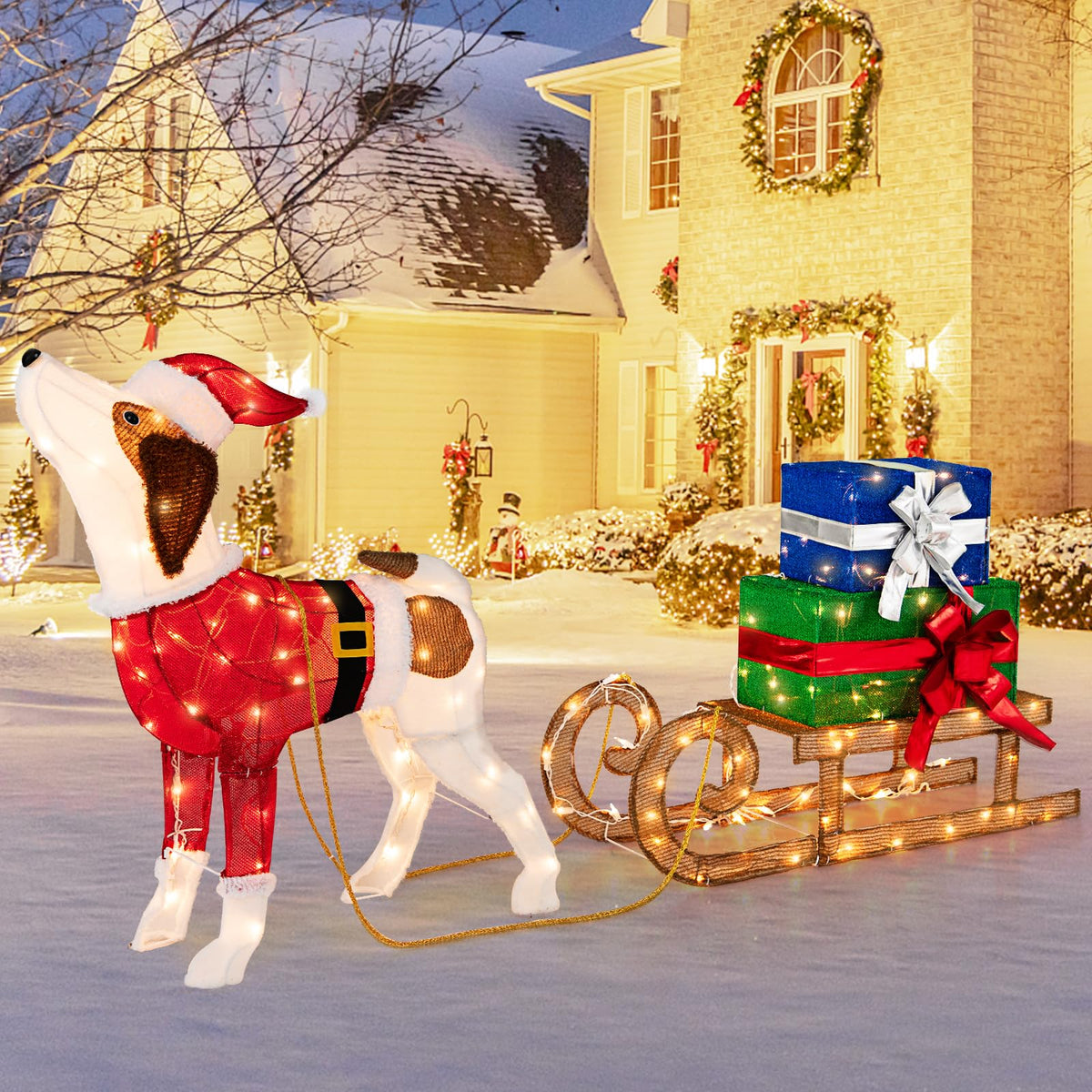 Lighted Christmas Decorations, 170 Warm Bright Lights Outdoor Pre-lit Xmas Dog & Sleigh & Gift Boxes Combo