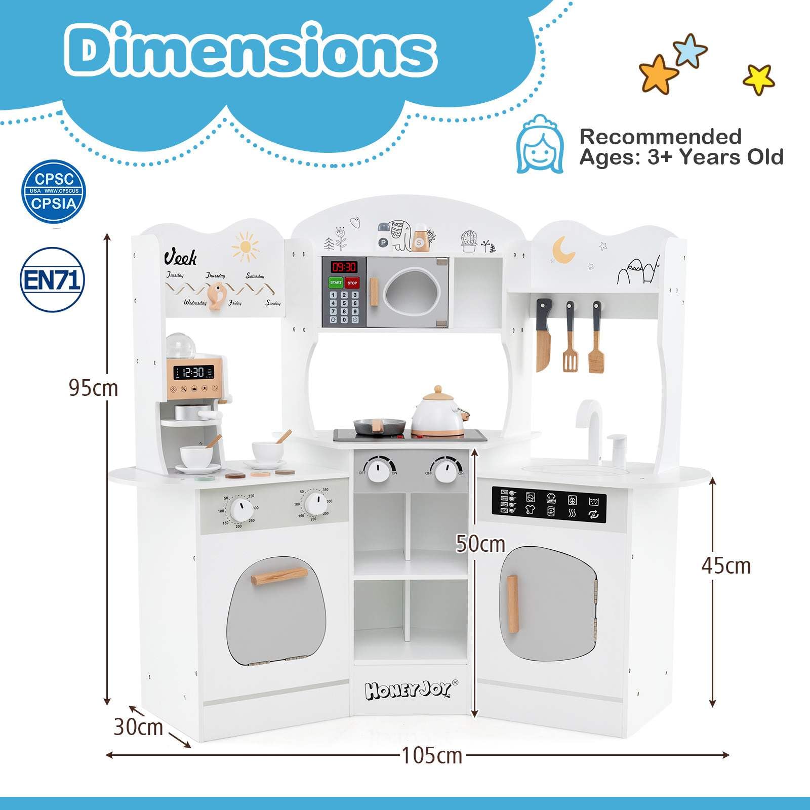 Corner Wooden Play Kitchen, 18 PCS Pretend Kitchen Playset w/Coffee Machine, Slide, Microwave, Oven