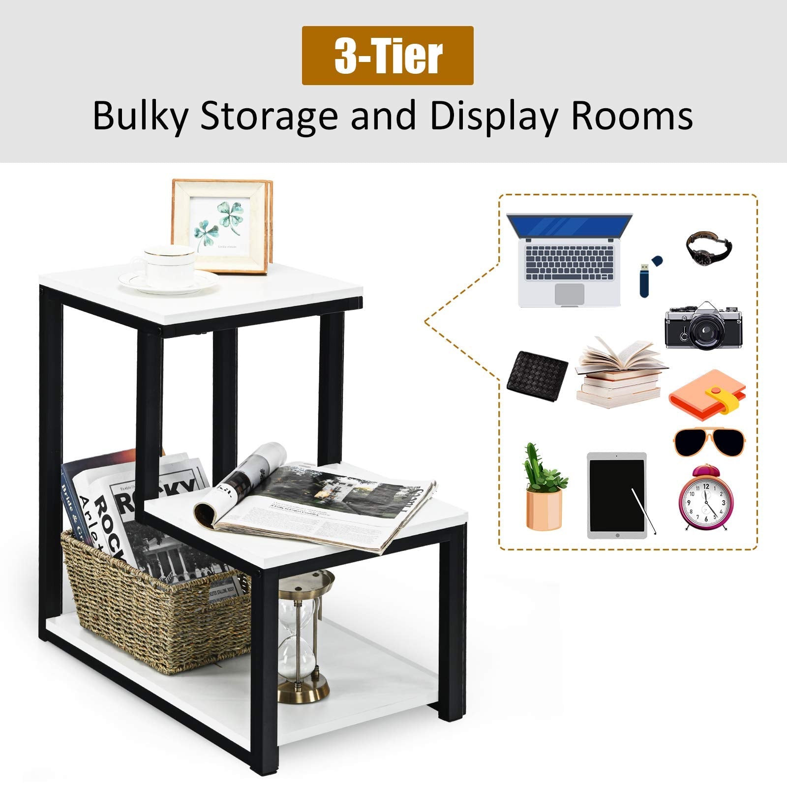 Bedside End Table, 3-Tier Side Table, 3 Storage Shelves, Space-Saving, Modern Sofa End Table Nightstand Unit