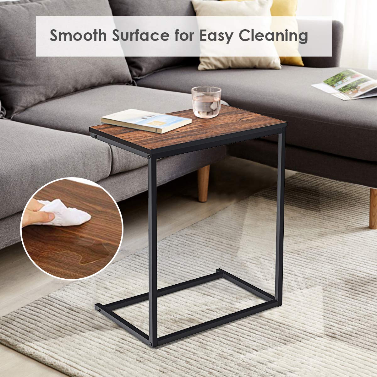 Snack Side Table, C-Shaped End Table for Sofa Couch, Bed, Wood Look Finish and Steel Frame, Space-Saving for Small Spaces