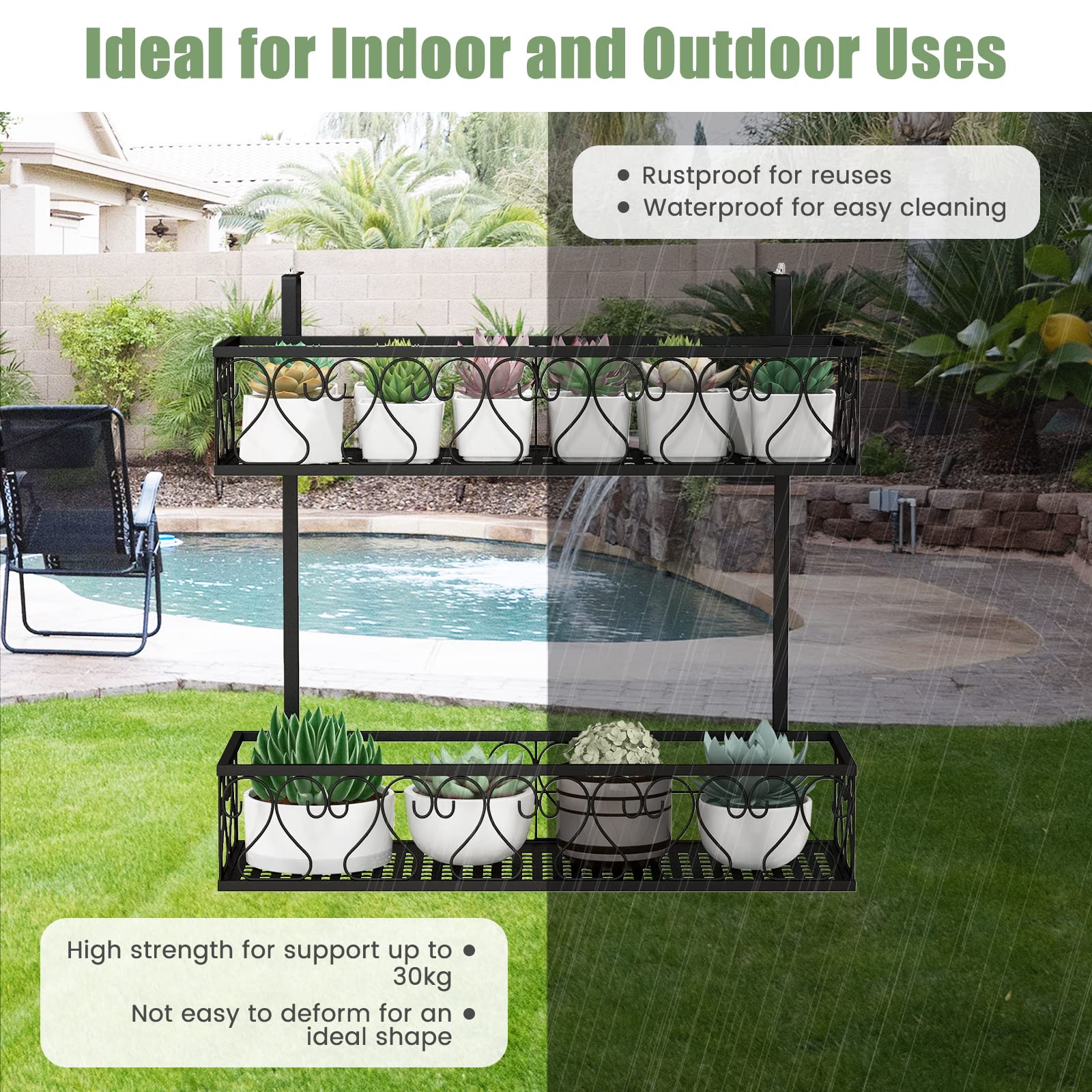 2-Tier Balcony Flowerpot Holder W/ 2 Planter Baskets