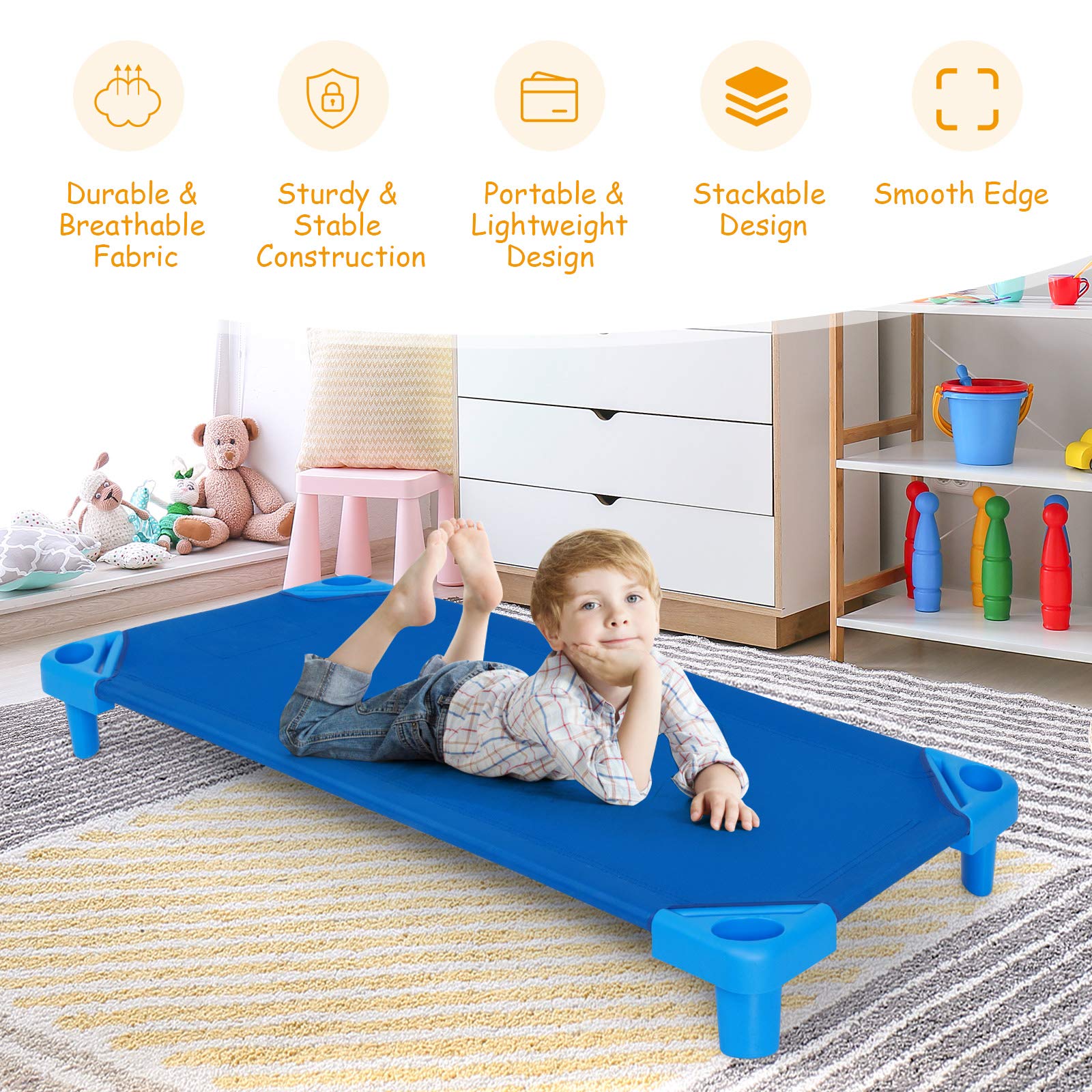 6 PCS Kids Stackable Daycare Cot, Pack of 6, 130cm x 57cm Portable Toddler Nap Mat w/Easy Lift Corners