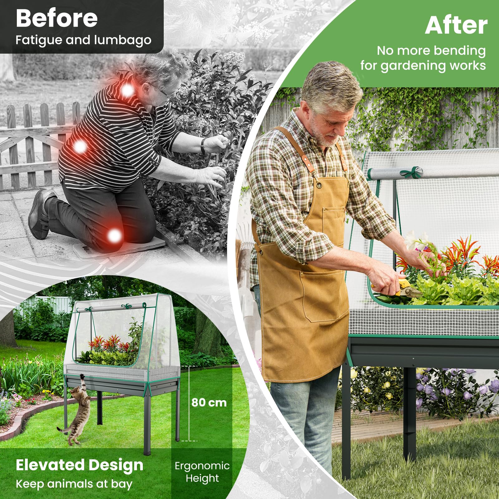 3-in-1 Raised Garden Bed w/Greenhouse Cover & Trellis, Galvanized Metal Elevated Planter Box w/Legs