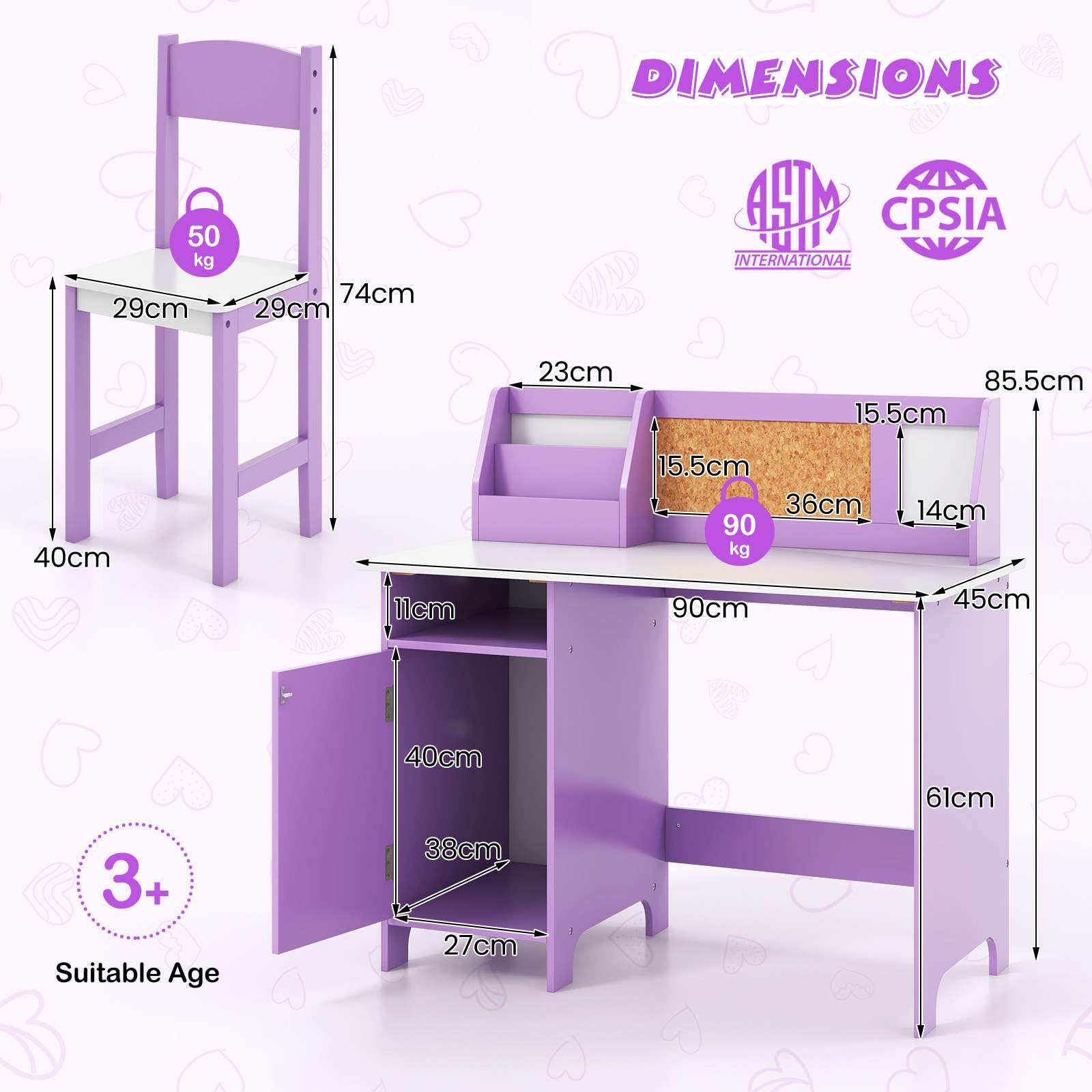 Wooden Kids Study Table and Chair Set with Hutch Bookshelf and Cabinet