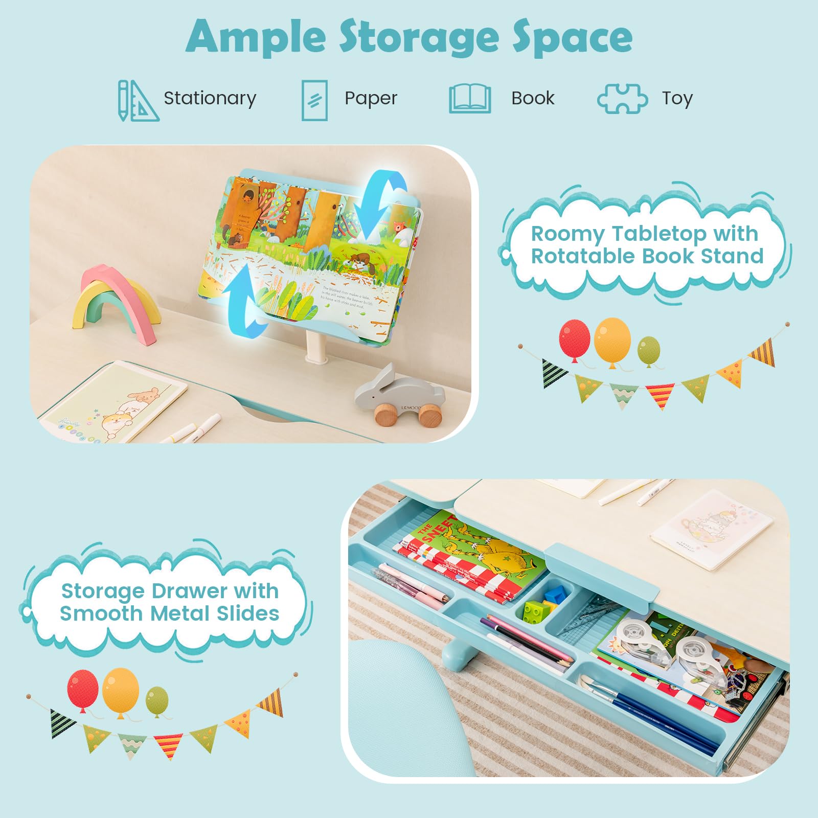 HONEY JOY Height-Adjustable Kids Desk w/Tilt Desktop & Book Stand, Storage Drawer & Scale Ruler