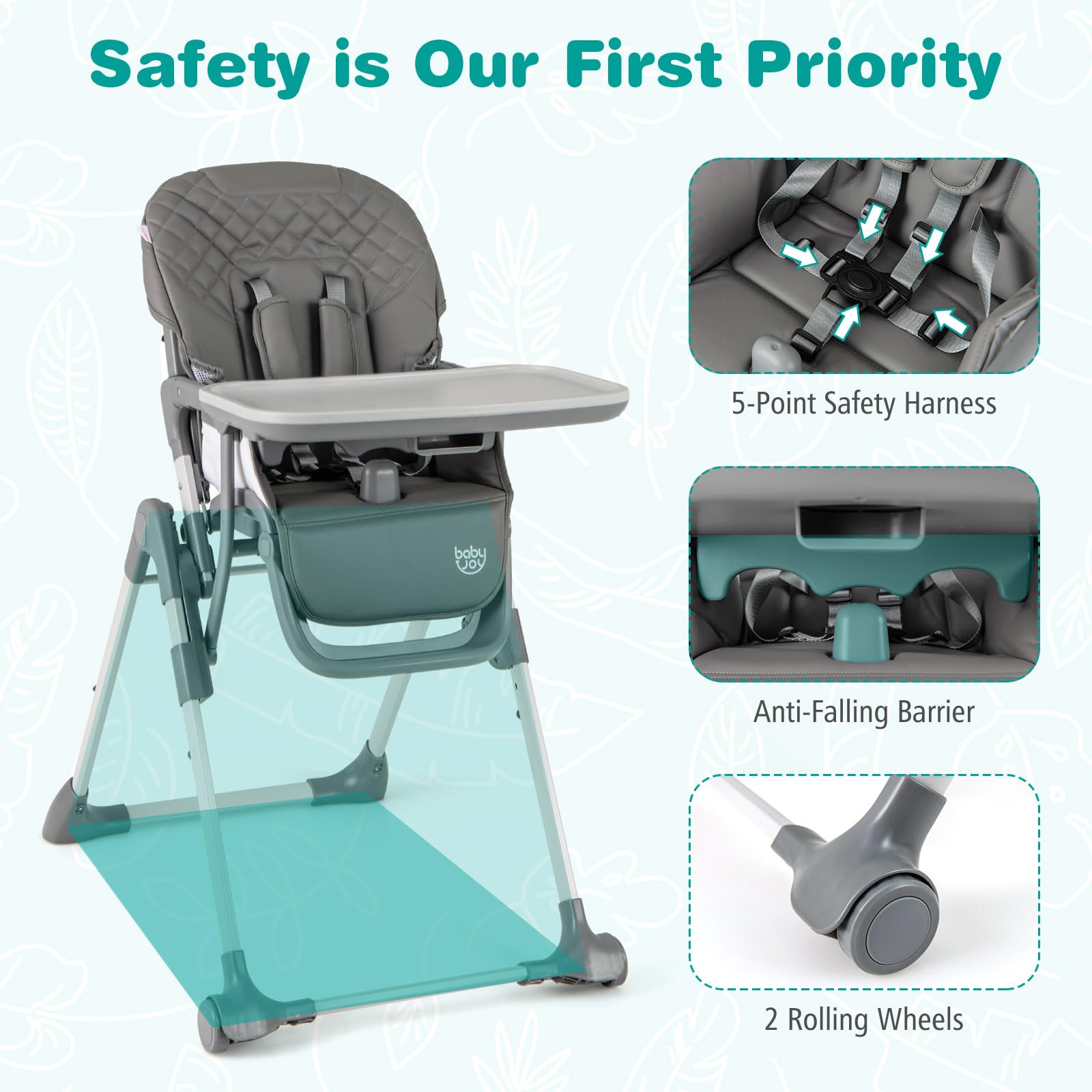 Portable Adjustable Highchair with Footrest, Detachable Tray, Easy to Clean PU Seat Cushion