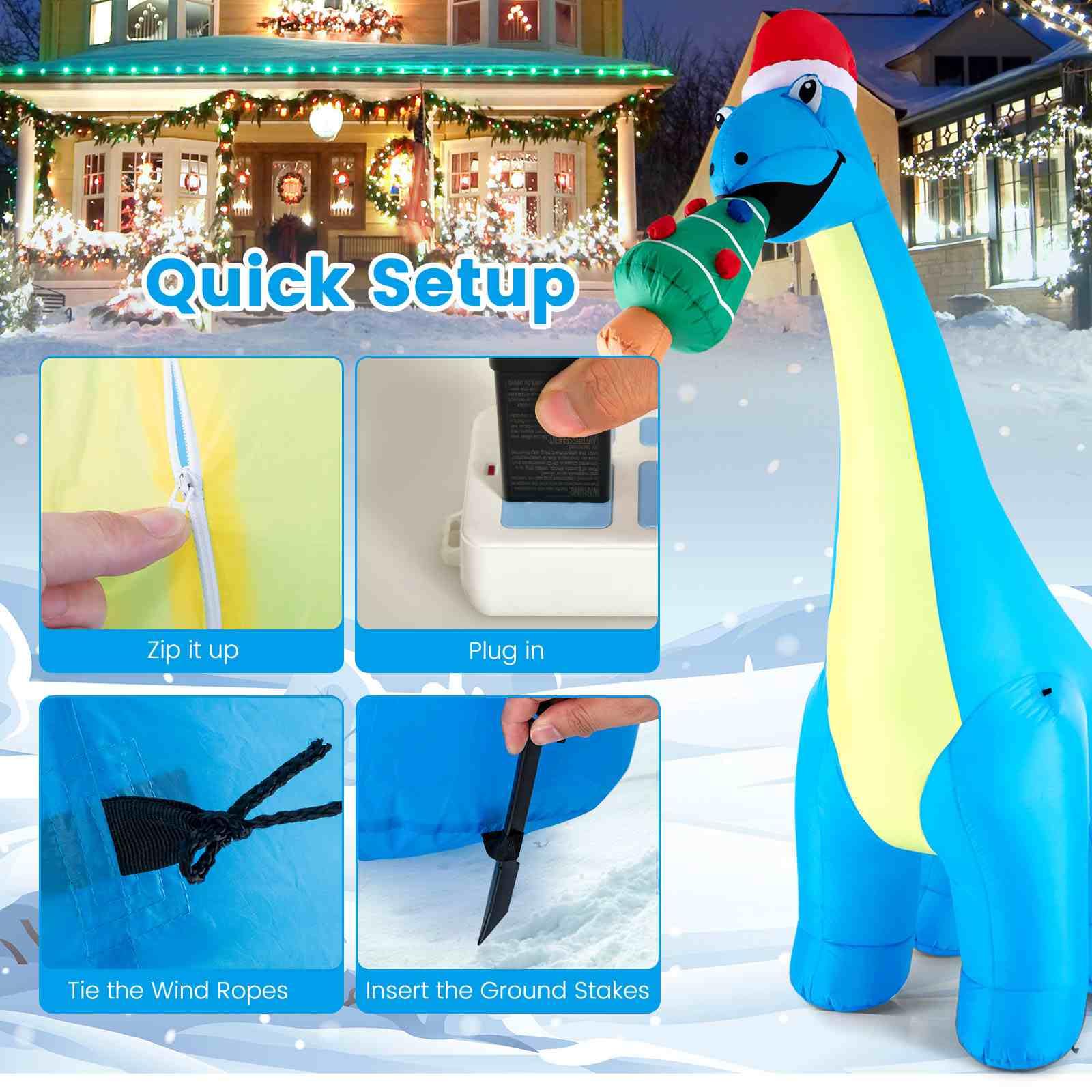 3.1M Christmas Inflatable Lighted Green Dinosaur with Hat