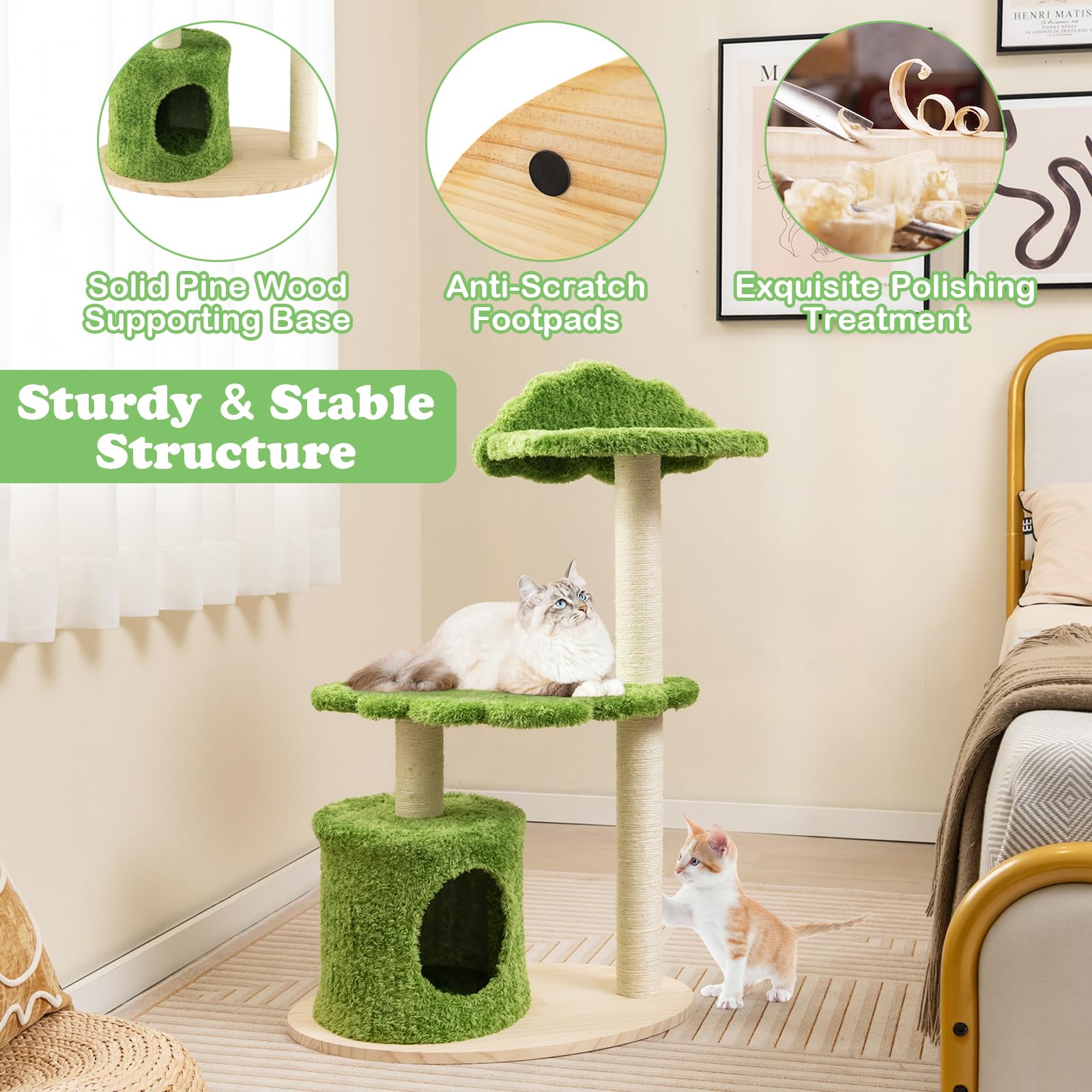 97CM Cute Cat Tree for Indoor Cats, Cat Condo Furniture w/Fully Wrapped Sisal Scratching Posts