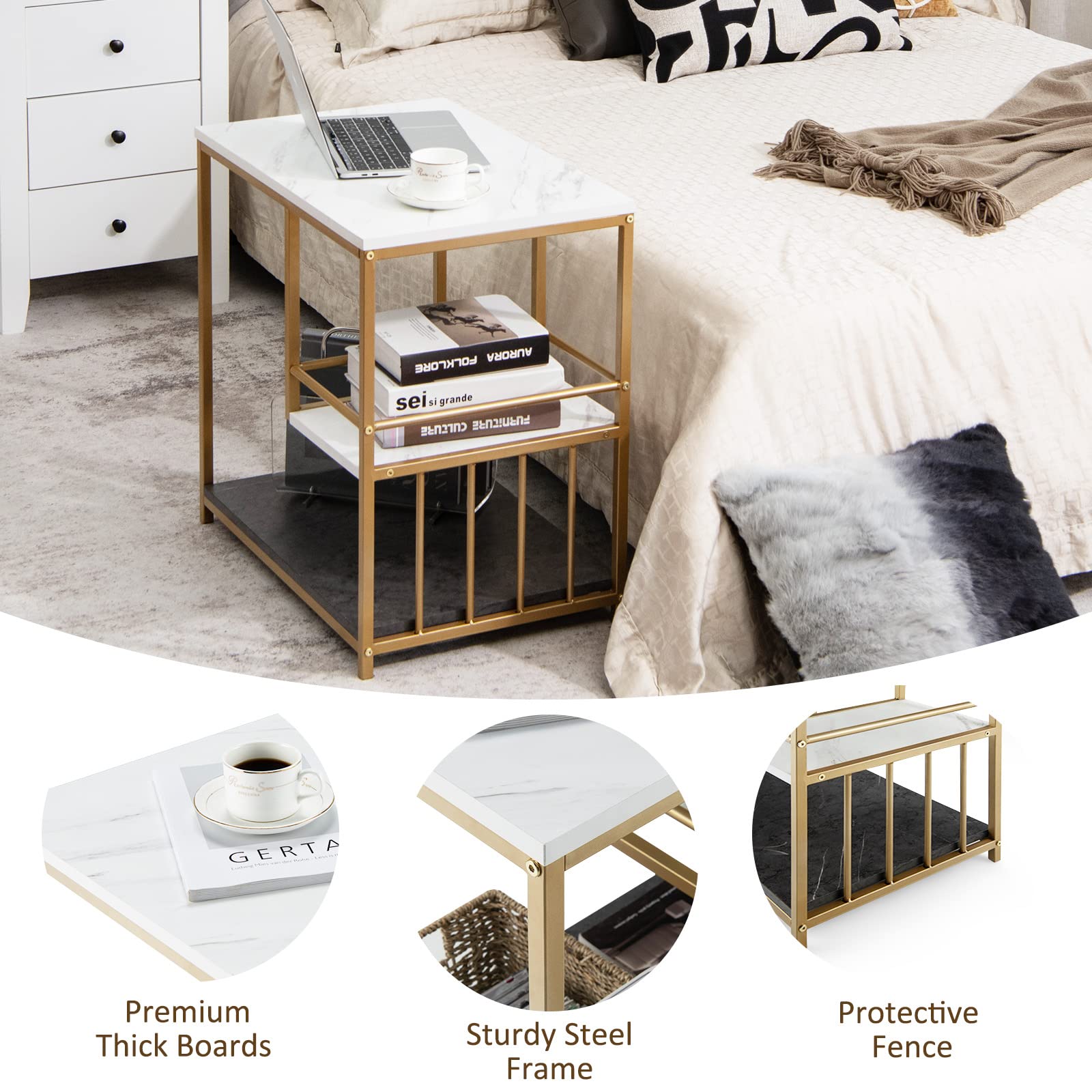 Giantex White Marble Side Table, 3-Tier End Table w/Golden Polished Steel Frame, Marble & Golden