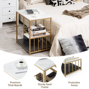 Giantex White Marble Side Table, 3-Tier End Table w/Golden Polished Steel Frame, Marble & Golden