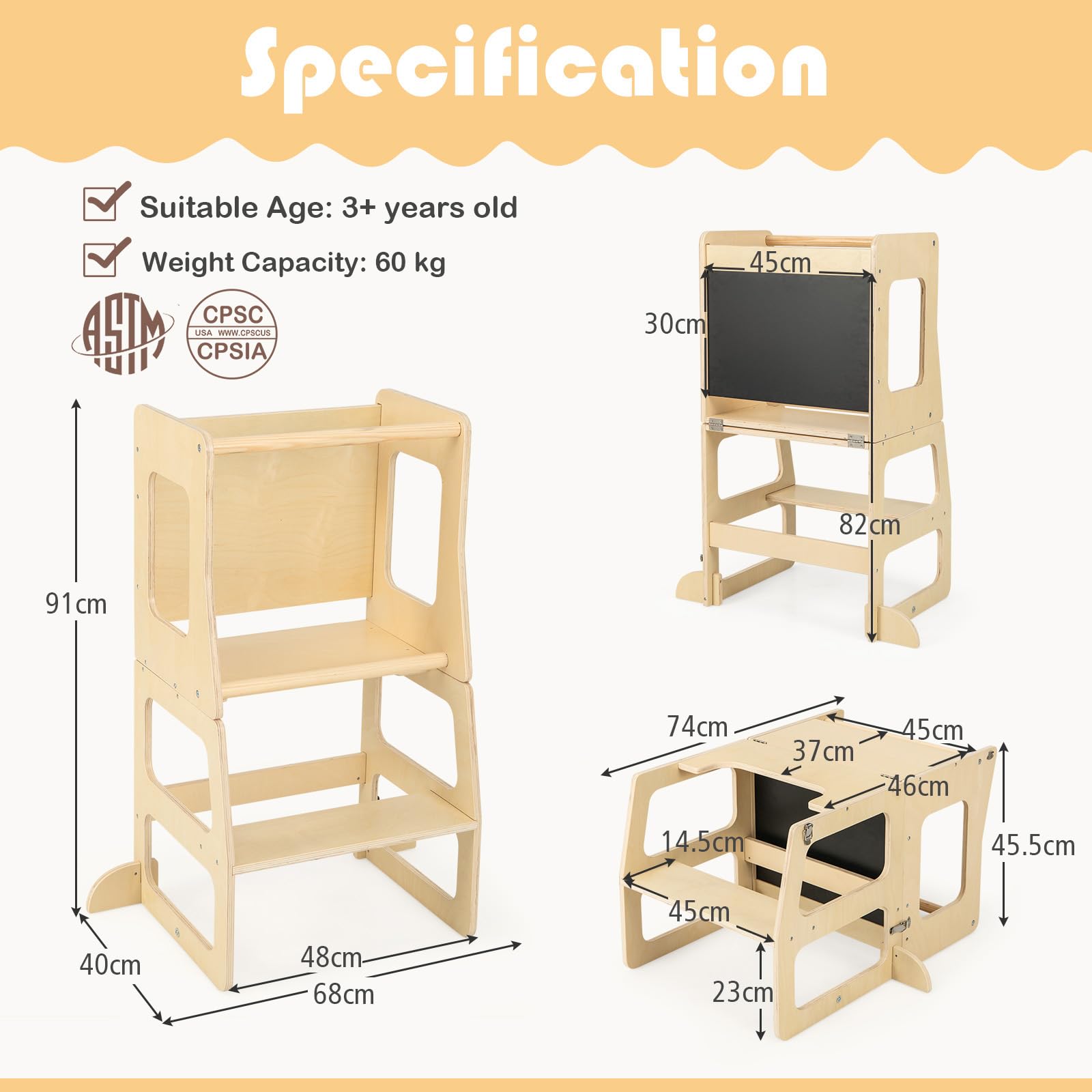 3-in-1 Foldable Kitchen Standing Tower for Toddlers