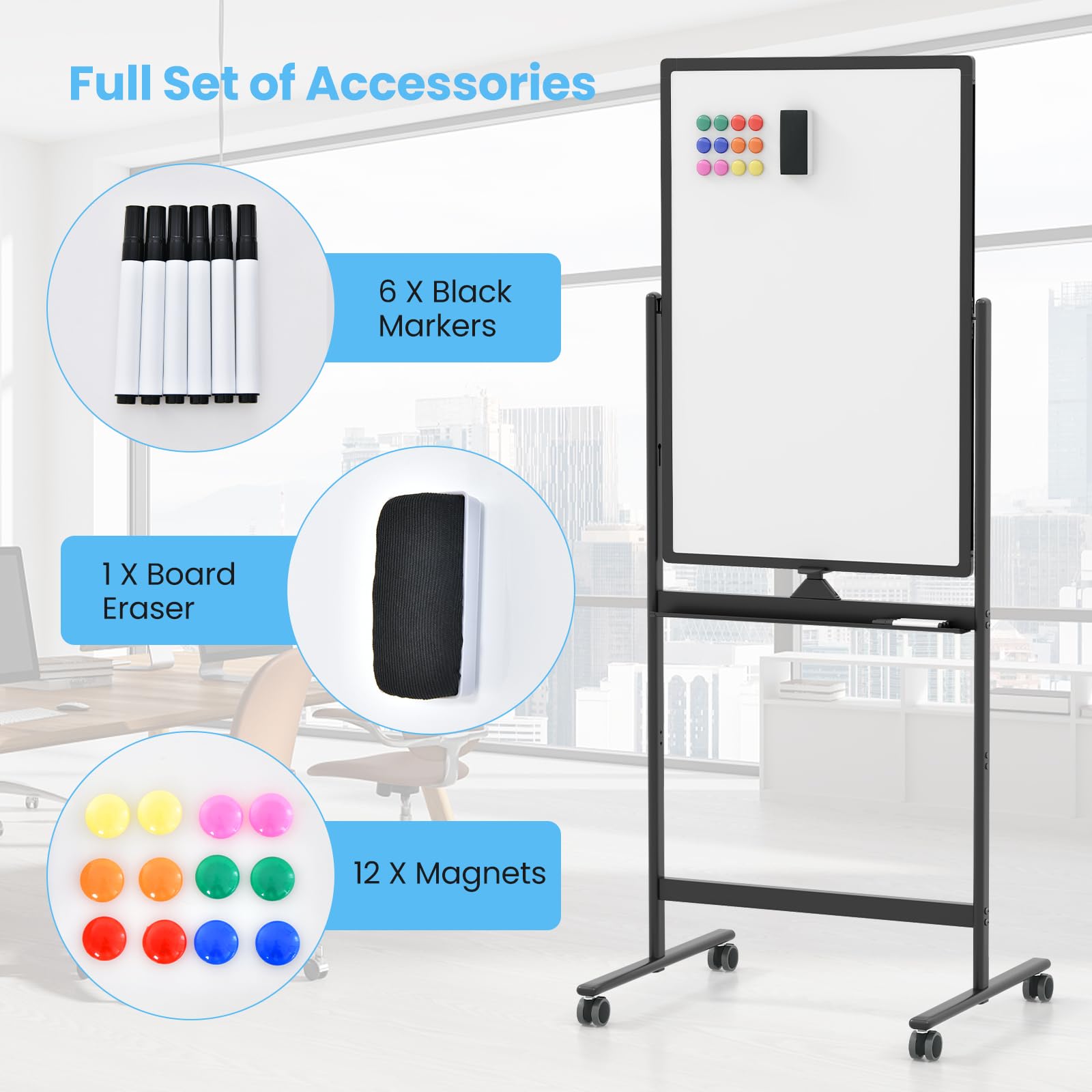 Mobile Magnetic Double-Sided Reversible Whiteboard, 360° Rolling Dry Erase Board w/Markers