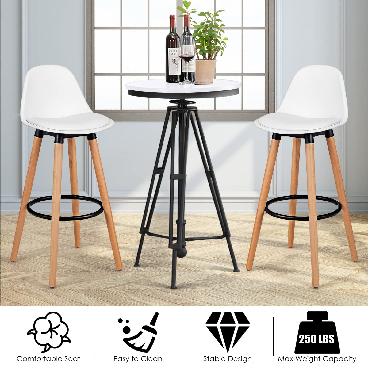 2Pcs Bar Stools, Pub High Barstool Dinning Chair w/ Round Metal Footrest