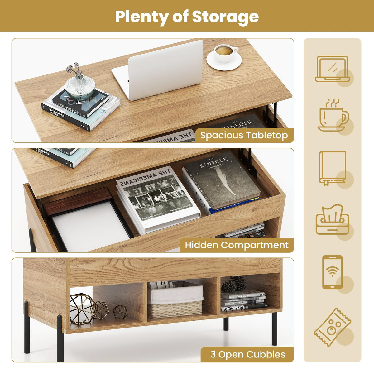 Lift Top Coffee Table, Coffee Station Table with Hidden Compartment, Rising Tabletop, 3 Open Cubbies