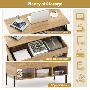 Lift Top Coffee Table, Coffee Station Table with Hidden Compartment, Rising Tabletop, 3 Open Cubbies