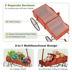 24.5" x 13.5" x 24"  Wooden Wagon Planter, Decorative Garden Planter Box with 2 Planting Sections, Wheels, Handle, Small Decorated Cart