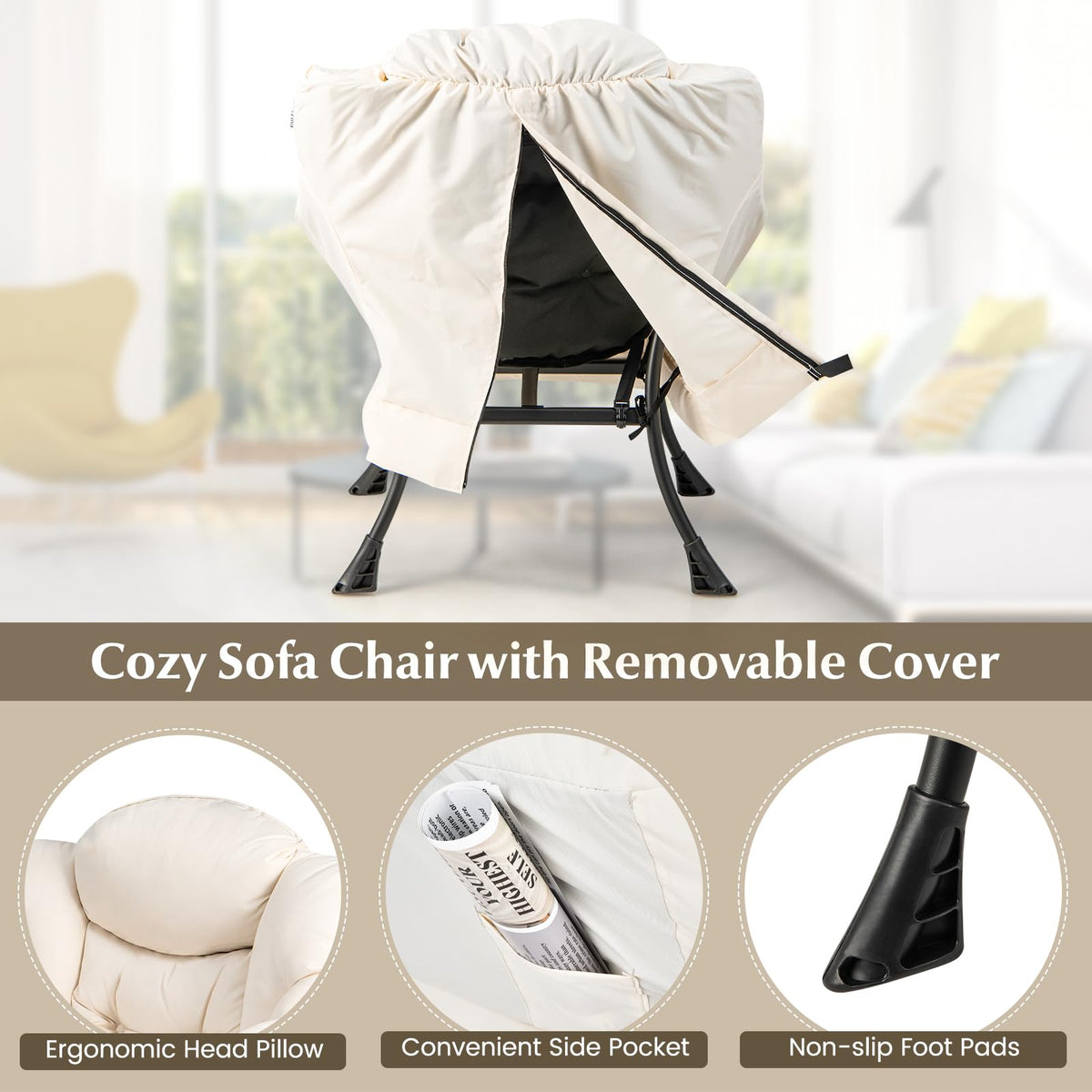 Lazy Chair with Ottoman, Modern Large Accent Chair with Folding Footrest, Head Pillow