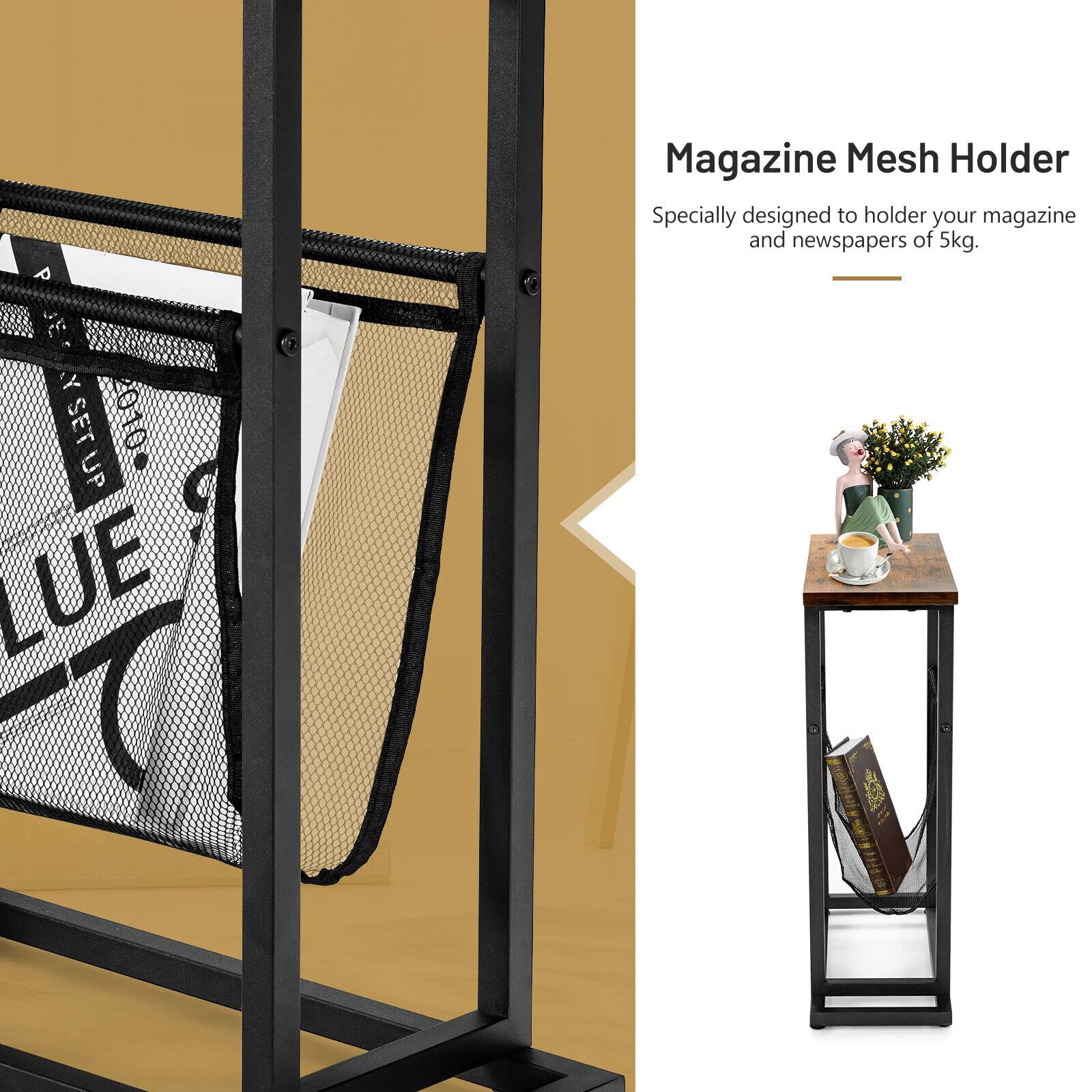 Giantex 2-Layer Rustic Side Table, Small Industrial End Table W/Magazine Holder, Wood Tabletop
