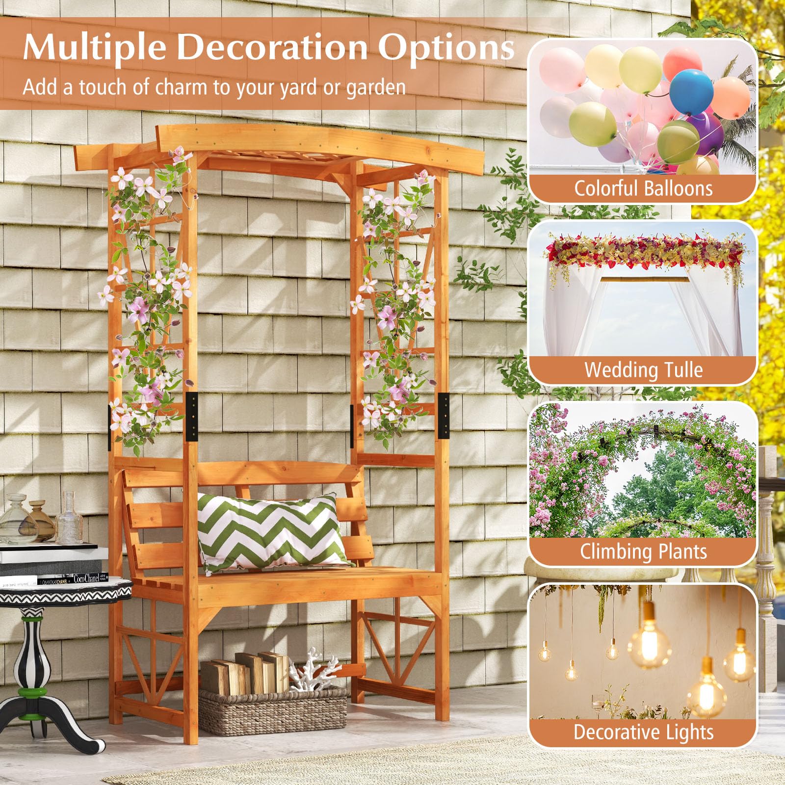 Giantex Garden Arbor with Bench - Wooden Garden Arch Trellis for Climbing Plants Vines