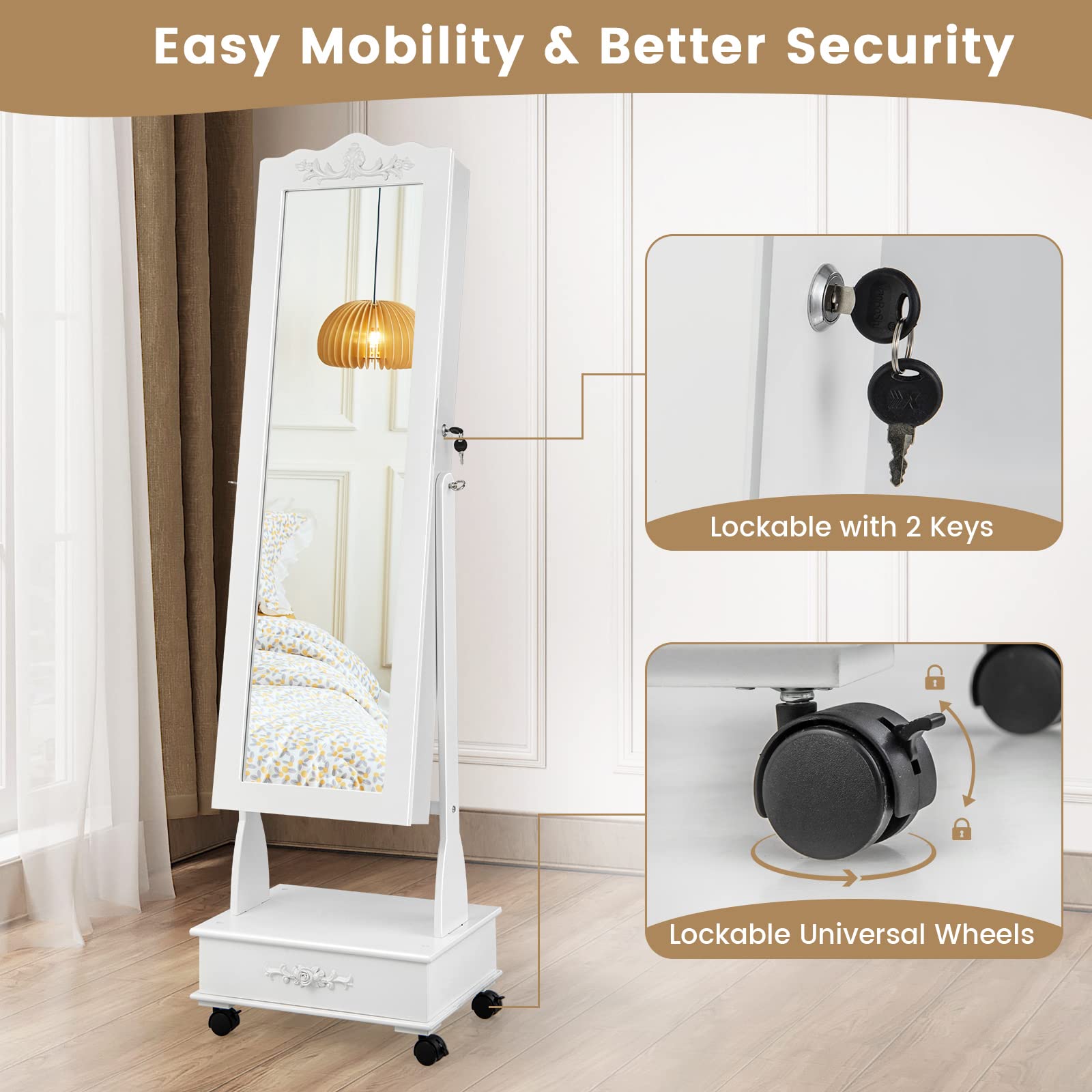 Giantex Jewelry Armoire with Full Length Mirror, Standing Lockable Jewelry Cabinet with Built-in LED Lights