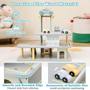 3-Tier Wooden Garage Playset, Pretend Play Parking Lot w/Working Elevator, Helipad, Ramp, Car Wash Center, Charging & Gas Station