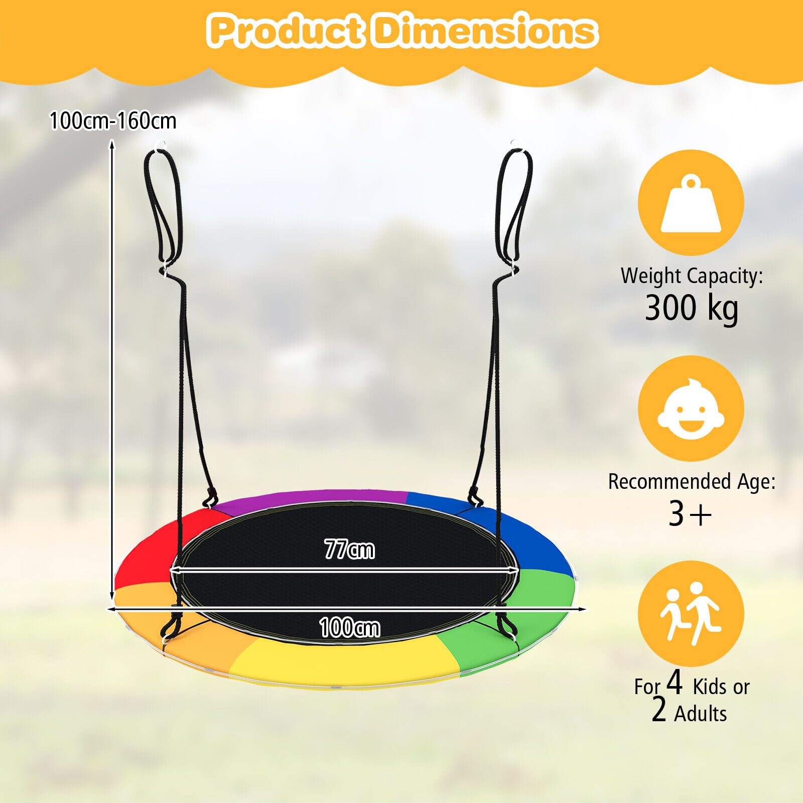 40”/100CM Saucer Tree Swing with LED Lights, Indoor Outdoor Saucer Swing for Kids Adults w/Adjustable Multi-Strand Hanging Ropes
