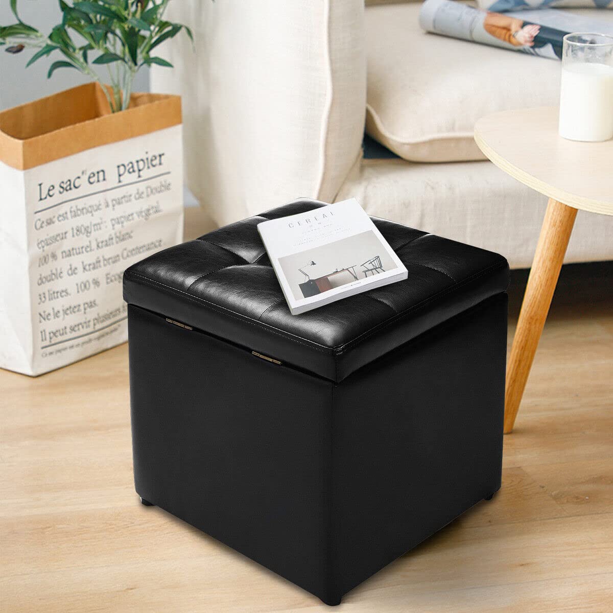 40CM Cube Ottoman, Pouffe Storage Box Lounge Seat Footstools w/Hinge Top & Bottom Feet