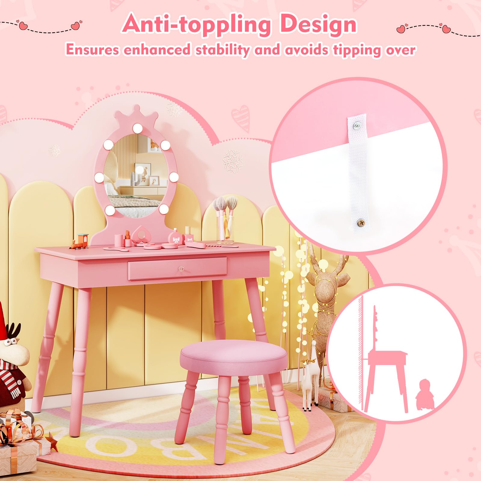 Kids Vanity Set with LED Lighted Mirror & Stool