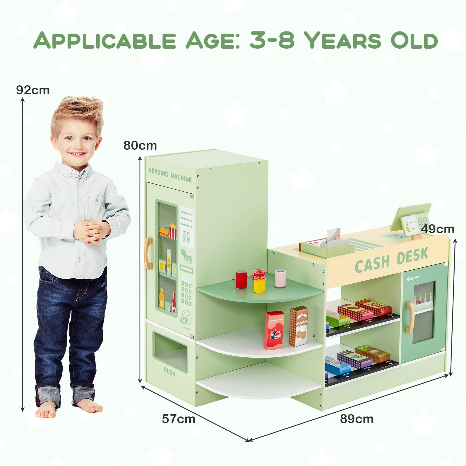 HONEY JOY Wooden Supermarket Play Toy Set, Kids Grocery Store Playset with Checkout Counter