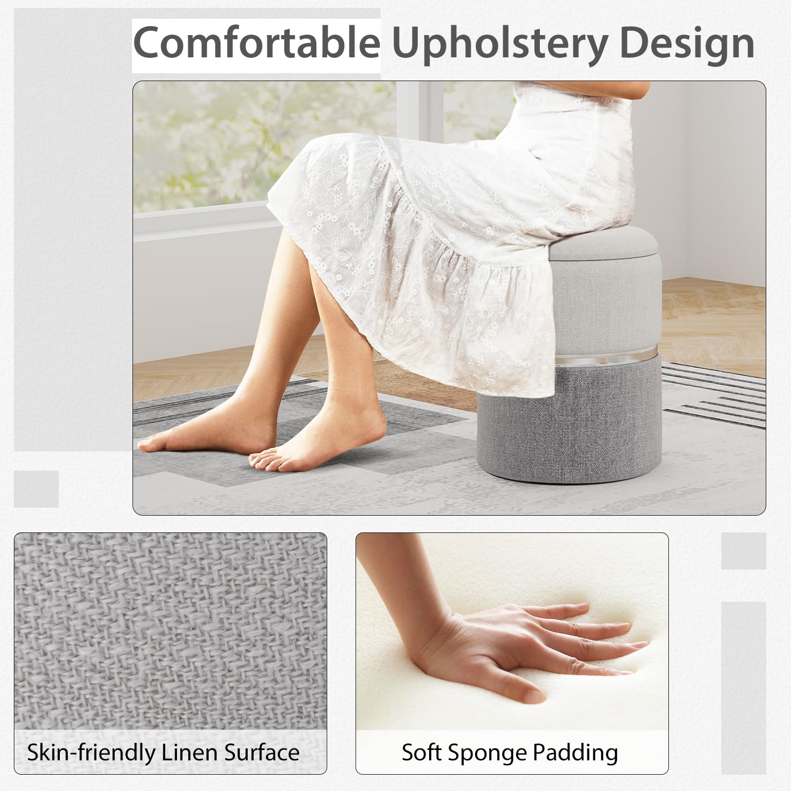 Giantex Linen Fabric Storage Ottoman Set of 2, Modern Round Ottoman with Storage