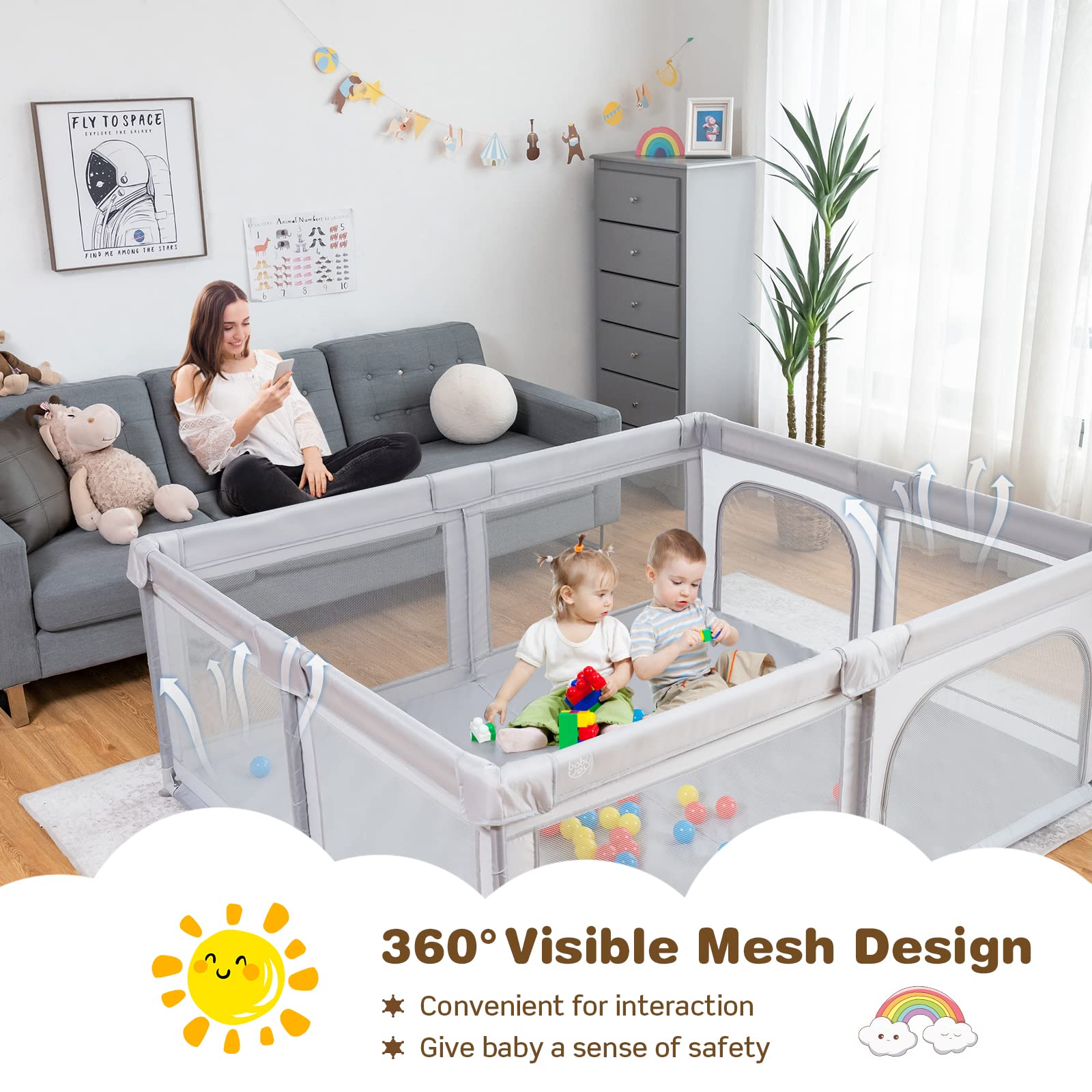 BABY JOY Baby Playpen 185 x 155 x 69 cm Large Play Yard for Infants