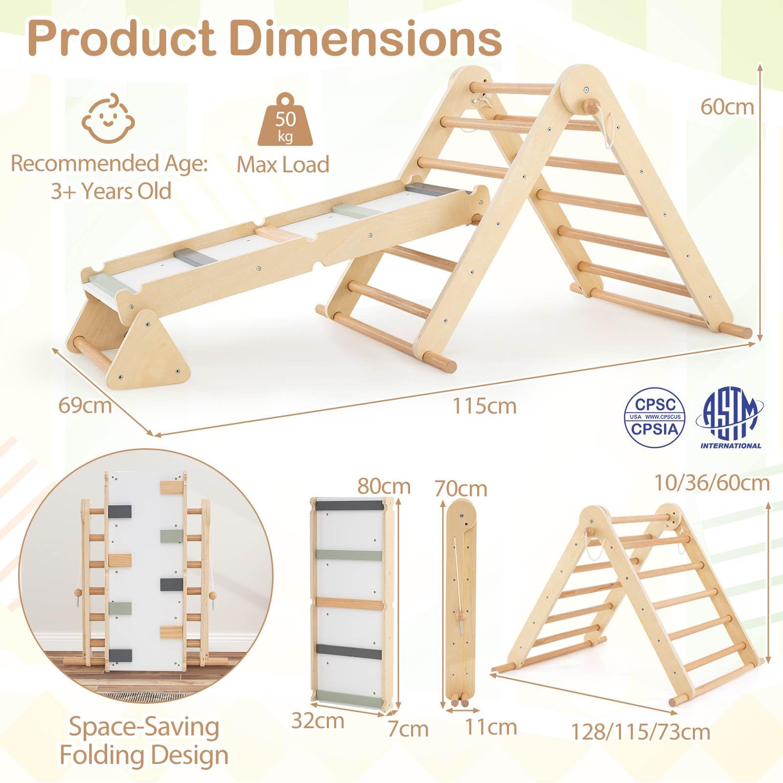 3-in-1 Pikler Triangle Climbing Set with Dual-Side Ramp and Adjustable Climbing Triangle