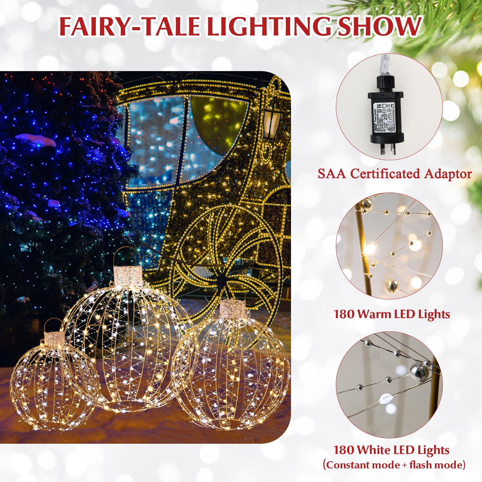 3 Pack Christmas Balls, Outdoor Hanging Light Spheres w/30 Cable Ties & 6 Stakes
