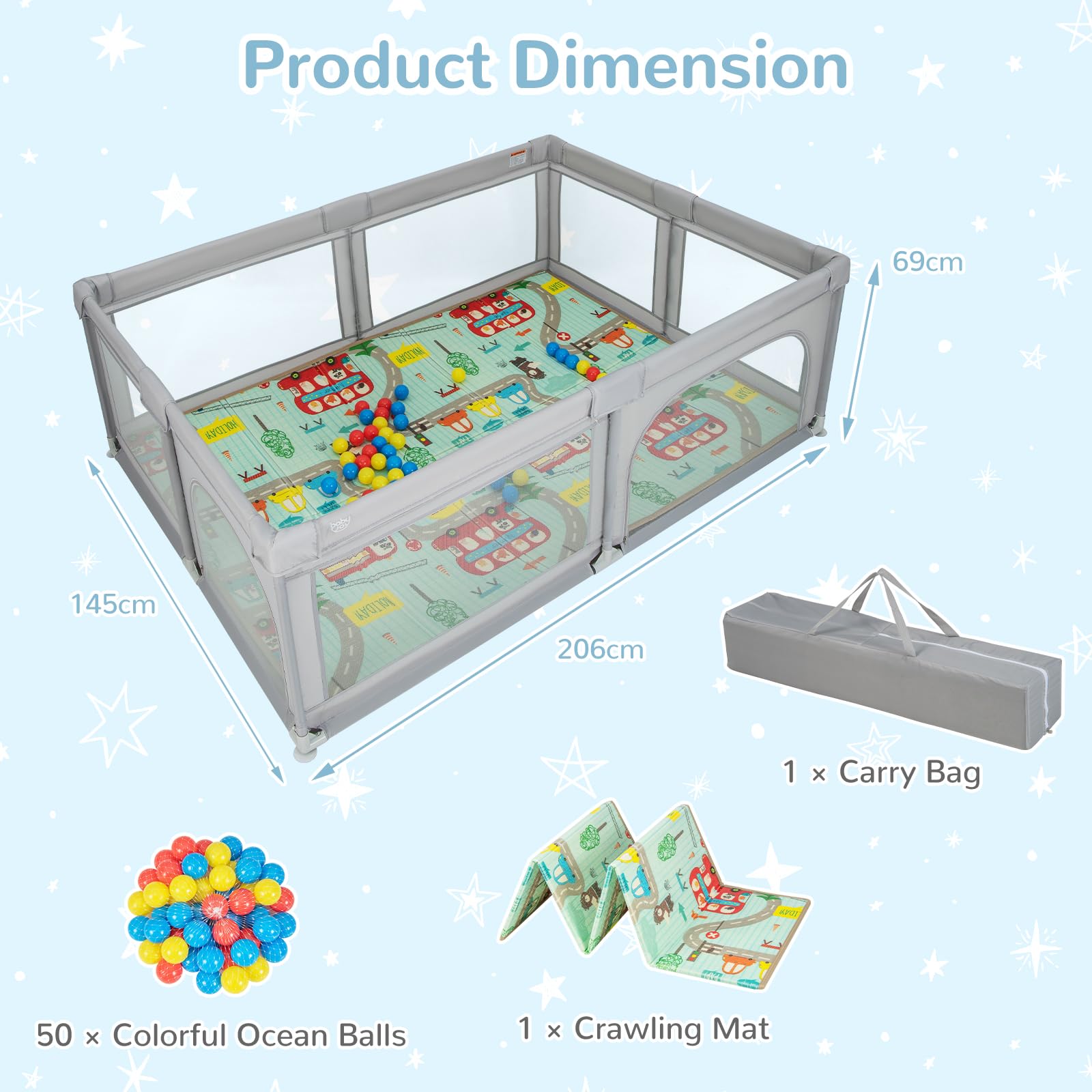 Baby Playpen, Extra-Large Play Yard with Play Mat, 50 Ocean Balls & Carrying Bag