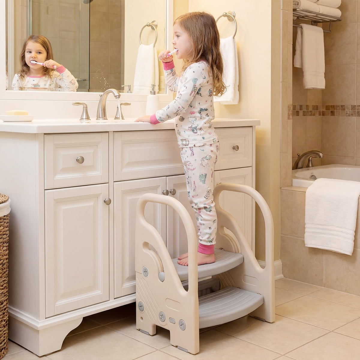 Toddler Step Stool, Adjustable 2/3-Step Helper Ladder Stool with Safety Handles & Non-slip Pads