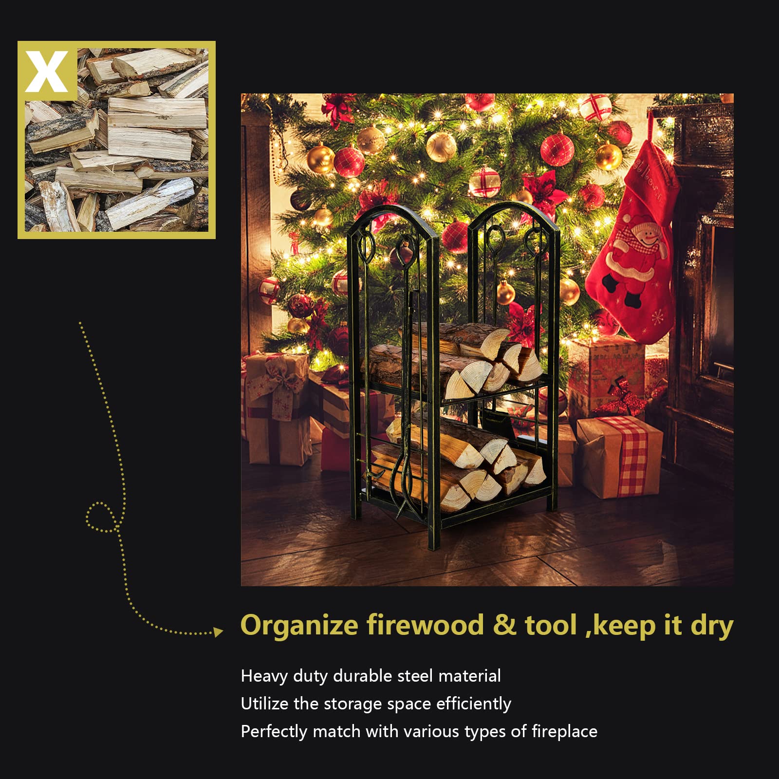 Giantex Firewood Rack with 4 Fireplace Tools Wrought Iron Log Storage Rack