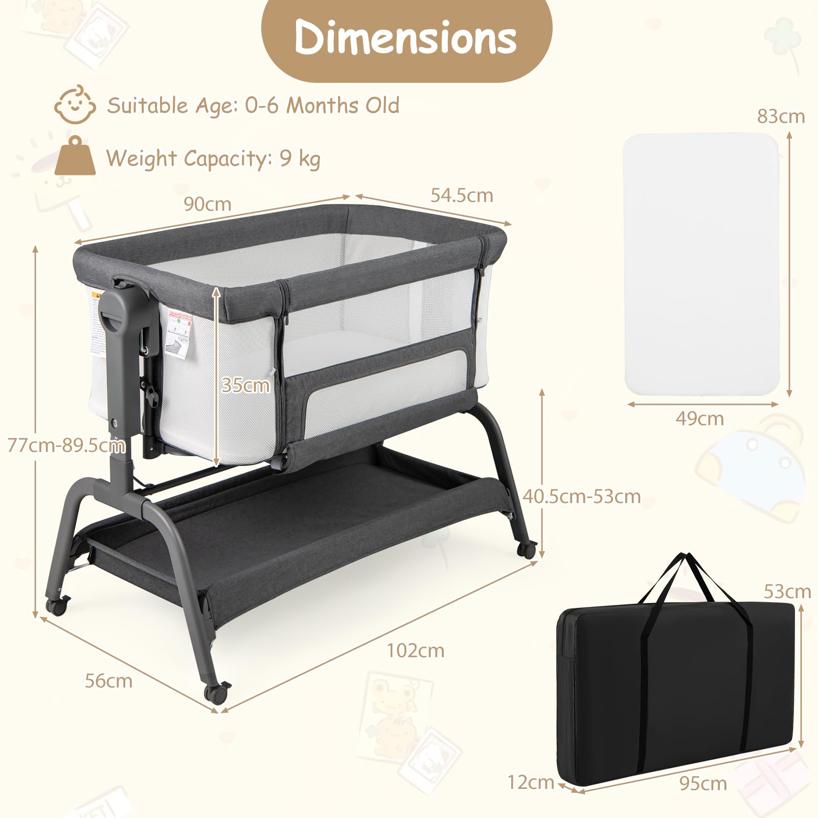 4 in 1 Rocking Baby Bassinet with 6 Adjustable Heights and Storage Basket