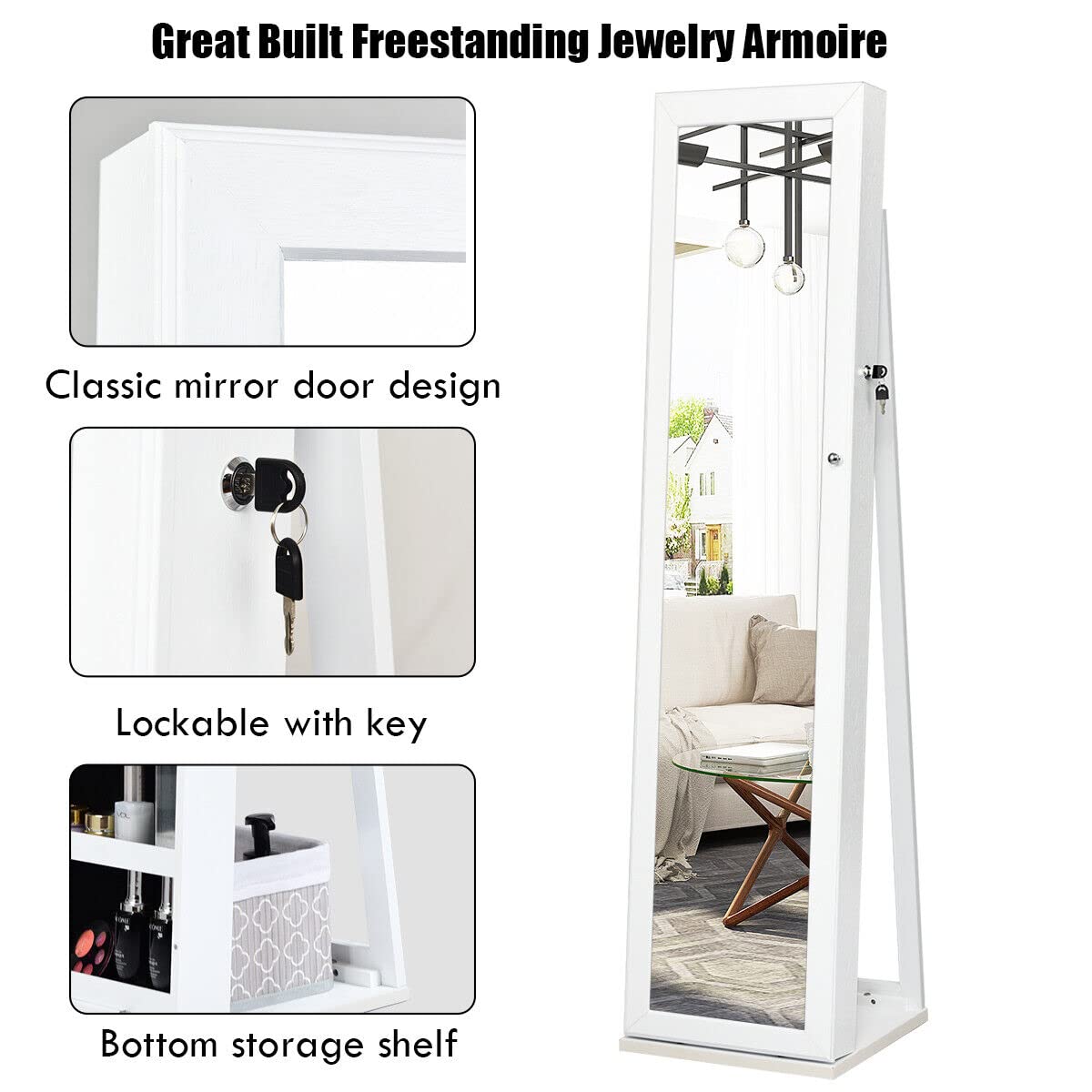 Giantex 2-in-1 Standing Jewelry Armoire w/ Higher Full Length Mirror, Lockable Jewelry Cabinet Organizer