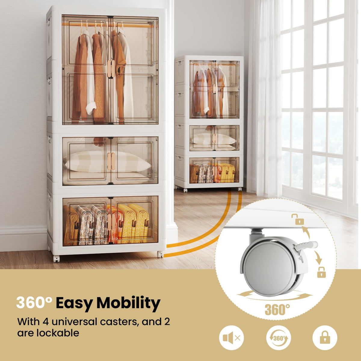 420L Storage Bins with Lid, Portable Plastic Wardrobe Closet Organizer with 10 Hangers