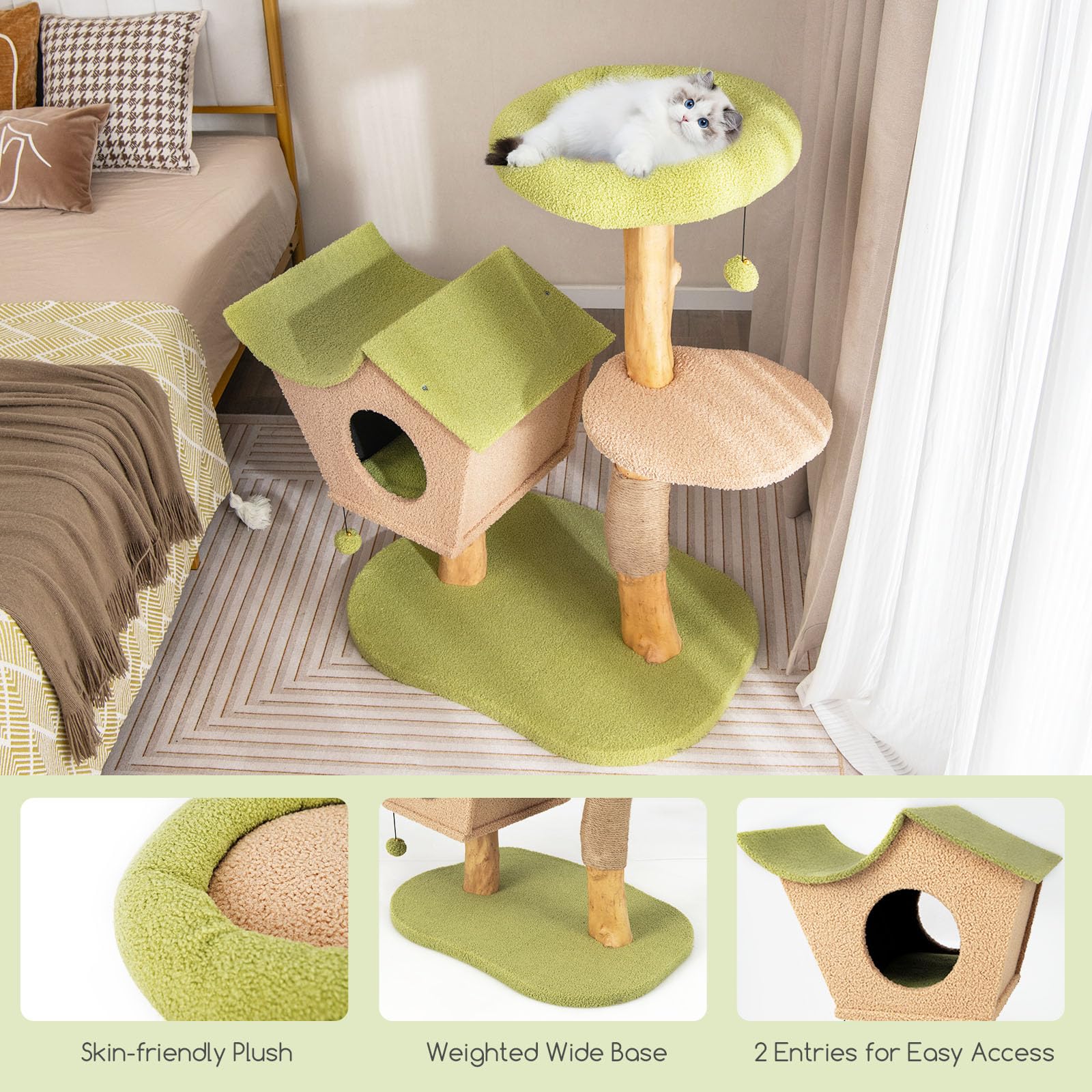 110 CM Cat Tree, Solid Wood Cat Tower with Padded Top Perch
