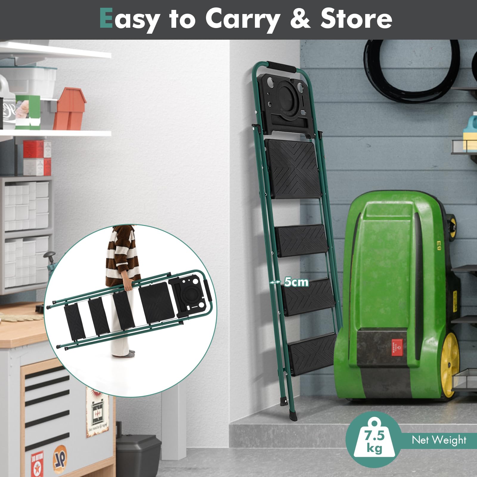 Folding Step Ladder, 4-Step Ladder w/Tool Tray, Non-Slip Footpads & Pedals