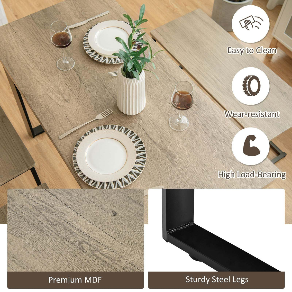 4 Piece Dining Table Set, Counter Height Table Set w/One Long Bench & Two Stools for 4
