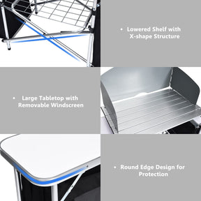 Portable Camping Kitchen Table, Aluminum Fold-Up Camping Kitchen with Windscreen