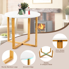 End Side Table, Round Coffee Table, Bedside Sofa End Table w/Bamboo Legs, Waterproof Surface, Wooden Nighstand