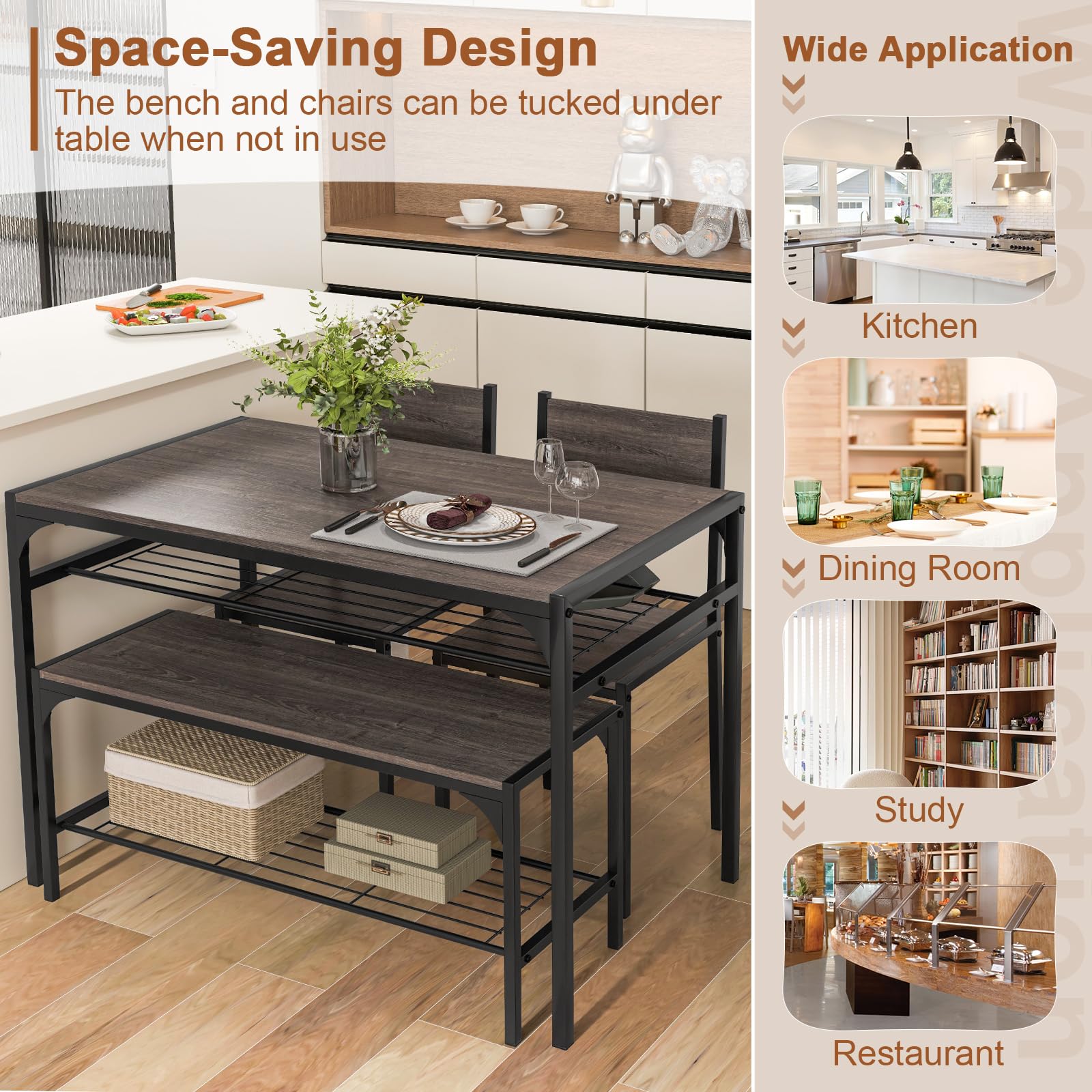 Giantex 4-Piece Dining Set Dining Table w/ 2 Chairs and Bench for 4